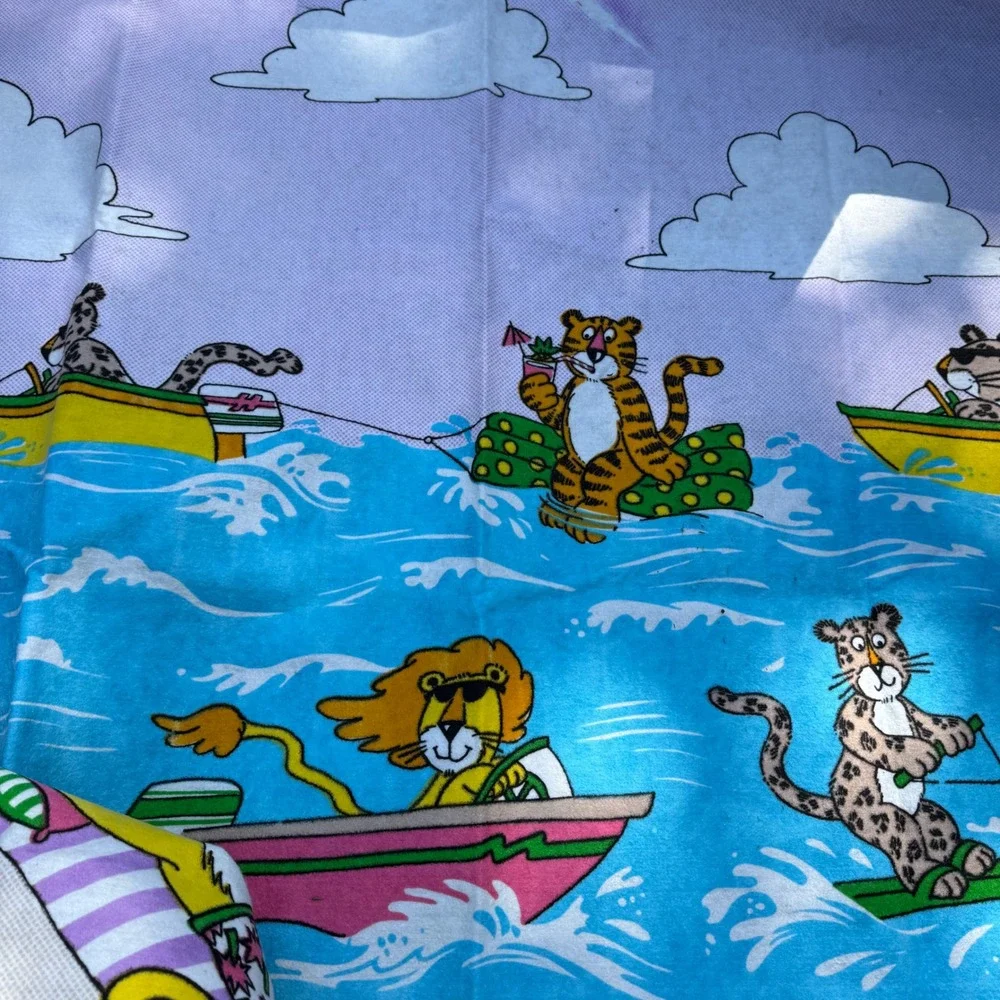 Vintage Encee Inc Beach‎ Blanket 60x90 Cartoon Lion Tiger Cheetah Sunbathing USA